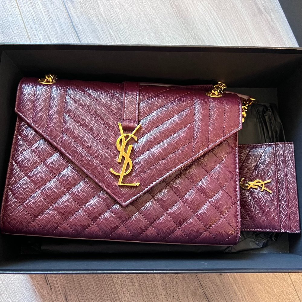 Saint Laurent Monogram Medium Envelope Purse with Matching Card Holder Burgundy